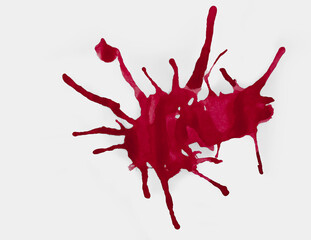 Red paint, ink brush strokes, brushes, lines against on white background.