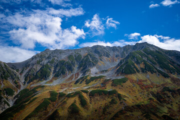 富山県立山町の立山の秋の紅葉の季節に登山している風景 Scenery of climbing Tateyama Mountain in Tateyama Town, Toyama Prefecture, Japan during the season of autumn leaves. 