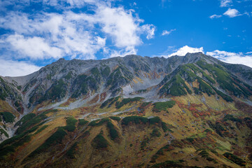 富山県立山町の立山の秋の紅葉の季節に登山している風景 Scenery of climbing Tateyama Mountain in Tateyama Town, Toyama Prefecture, Japan during the season of autumn leaves. 
