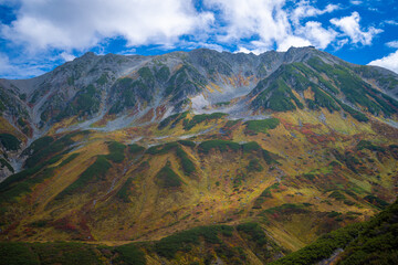 富山県立山町の立山の秋の紅葉の季節に登山している風景 Scenery of climbing Tateyama Mountain in Tateyama Town, Toyama Prefecture, Japan during the season of autumn leaves. 