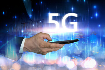 Fototapeta premium 5 G wireless high speed Internet access. Businessman enters the high-speed world.