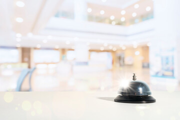 Accommodation, alarm, alert. Hotel service bell on a table