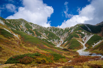 富山県立山町の立山の秋の紅葉の季節に登山している風景 Scenery of climbing Tateyama Mountain in Tateyama Town, Toyama Prefecture, Japan during the season of autumn leaves. 