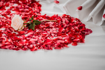 Bed in a suite with red rose petals for the newlyweds