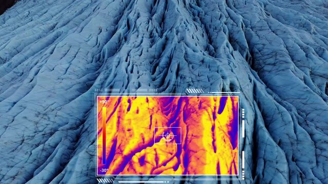 Thermal camera analyzing heat marks on glacier surface, climate change - 3d animation