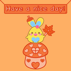 Happy Autumn concept. Happy cute bunny hold maple leaf sit on roof of little mushroom house. Orange background. Kawaii rabbit cartoon character smile doodle art design. Have a nice day! Lovely card.