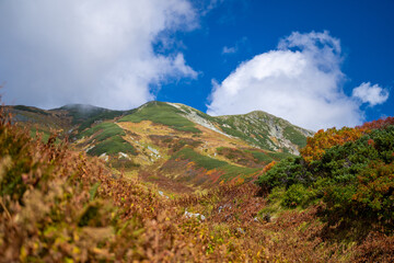 富山県立山町の立山の秋の紅葉の季節に登山している風景 Scenery of climbing Tateyama Mountain in Tateyama Town, Toyama Prefecture, Japan during the season of autumn leaves. 