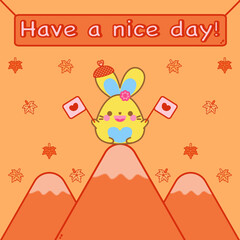 Happy Autumn concept. Happy cute bunny hold flag sit on top of mountain. Maple leaves, orange background. Kawaii rabbit animal cartoon character smile doodle art design. Have a nice day! Lovely card.