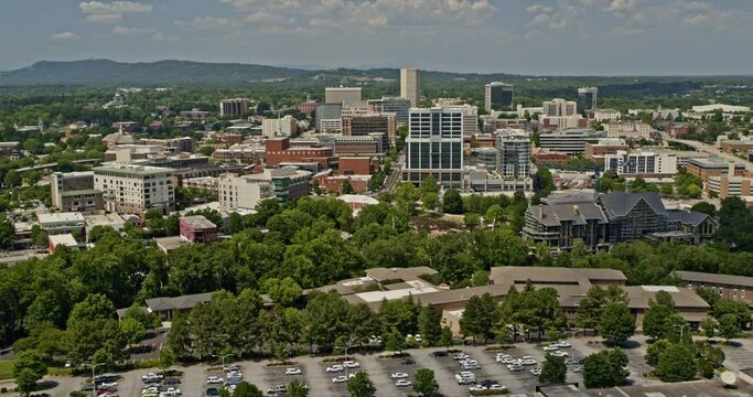 Greenville South Carolina Aerial v29 drone hovering in the sky overlooking at buildings along main street west end neighborhood and downtown cityscape - Shot with Inspire 2, X7 camera - May 2021