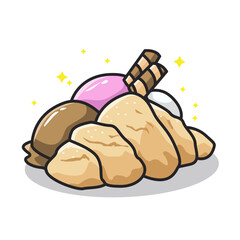 croissant and ice cream in cute line art illustration style