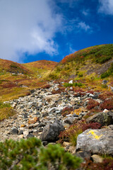 富山県立山町の立山の秋の紅葉の季節に登山している風景 Scenery of climbing Tateyama Mountain in Tateyama Town, Toyama Prefecture, Japan during the season of autumn leaves. 