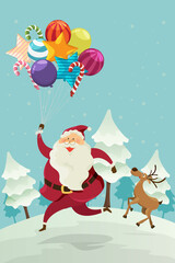 Santa claus with reindeer and balloon colorful.