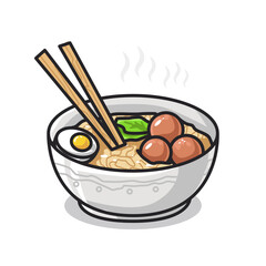 noodle ramen in cute line art illustration style