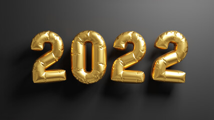 2022 golden balloons on black background. Happy new year and merry christmass banner. 3D rendered image.