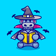 cute hippo halloween witch reading a book