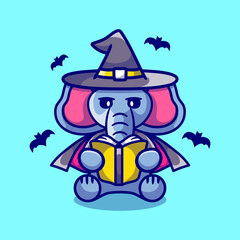 cute elephant halloween witch reading a book