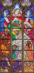 Fototapeta na wymiar VIENNA, AUSTIRA - JUNI 24, 2021: The Lazarist St. Justin (Giustino) de Jacobis on the stained glass the in church St. Severin designed by Prof. Engel from year 1978.