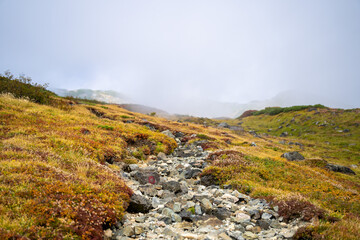 富山県立山町の立山の秋の紅葉の季節に登山している風景 Scenery of climbing Tateyama Mountain in Tateyama Town, Toyama Prefecture, Japan during the season of autumn leaves. 