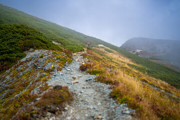 富山県立山町の立山の秋の紅葉の季節に登山している風景 Scenery of climbing Tateyama Mountain in Tateyama Town, Toyama Prefecture, Japan during the season of autumn leaves. 