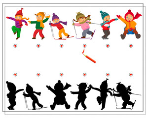 A logic game for kids find the right shadow, cute cartoon kids play snowballs, make a snowman. vector isolated on a white background.