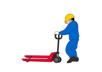 Obraz premium ハンドリフトを押す作業員（ブルー）