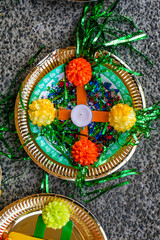 Obraz na płótnie Canvas Indian pre wedding henna night interiors and decorations, ritual items close up