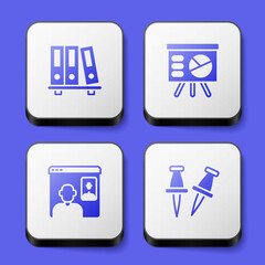 Set Office folders, Board with graph, Video chat conference and Push pin icon. White square button. Vector