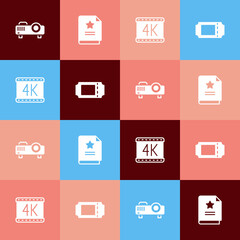 Set pop art Movie, film, media projector, Scenario, 4k movie and Cinema ticket icon. Vector