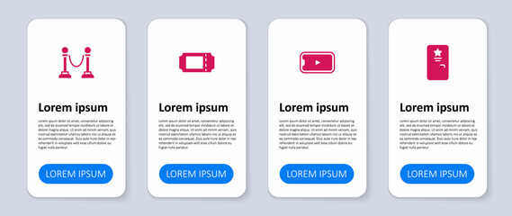 Set Backstage, Online play video, Cinema ticket and Rope barrier. Business infographic template. Vector