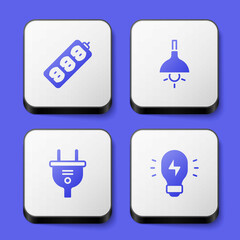 Set Electric extension, Lamp hanging, plug and Creative lamp light idea icon. White square button. Vector