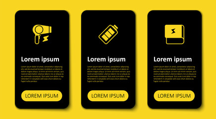 Set Book about electricity, Battery charge and Hair dryer. Business infographic template. Vector
