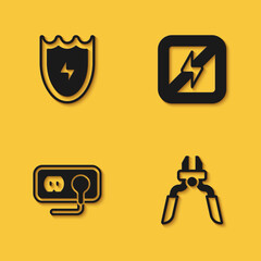 Set Lightning and shield, Pliers tool, Electrical outlet and No lightning icon with long shadow. Vector