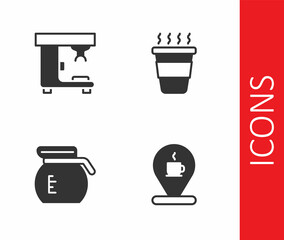 Set Location with coffee cup, Coffee machine, pot and to go icon. Vector