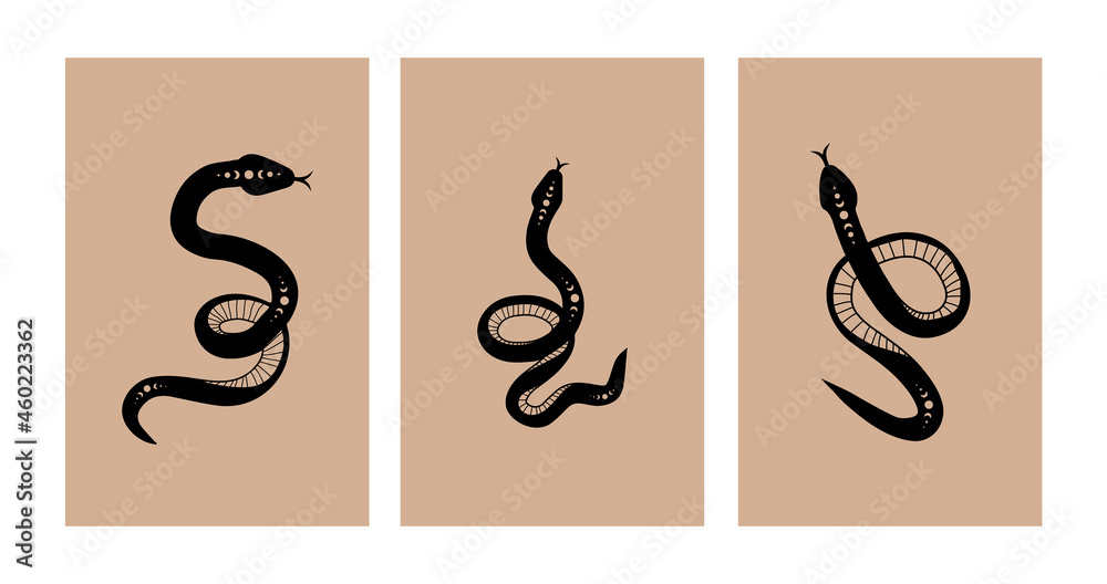 Wall mural magic snake in boho style with moon. collection of mystical symbol in a trendy minimalist style. eso