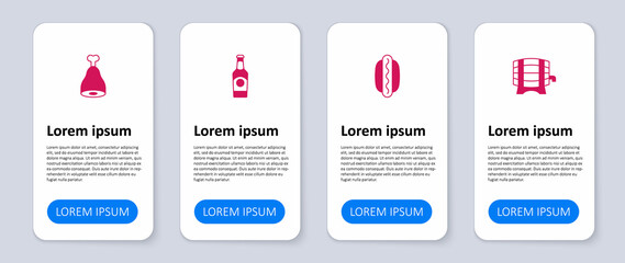 Set Wooden barrel on rack, Hotdog sandwich, Beer bottle and Chicken leg. Business infographic template. Vector