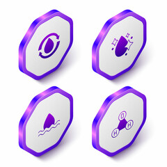 Set Isometric Recycle clean aqua, Water drop, and Chemical formula water H2O icon. Purple hexagon button. Vector