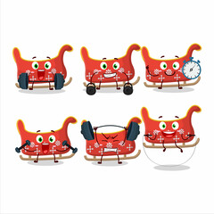 A healthy reindeer sleigh cartoon style trying some tools on Fitness center