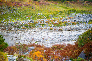 富山県立山町の立山の秋の紅葉の季節に登山している風景 Scenery of climbing Tateyama Mountain in Tateyama Town, Toyama Prefecture, Japan during the season of autumn leaves. 