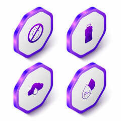 Set Isometric Water drop forbidden, Bottle of water, Cloud with rain and icon. Purple hexagon button. Vector