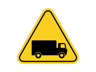 isolated watch out lorries area, common hazards symbols on yellow round triangle board warning sign for icon, label, logo or package industry etc. flat style vector design. 