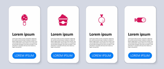 Set Salami sausage, Chicken leg, Popcorn in cardboard box and Fly agaric mushroom. Business infographic template. Vector