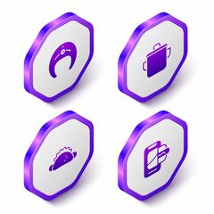 Set Isometric Fish steak, Cooking pot, Taco with tortilla and Food ordering on mobile icon. Purple hexagon button. Vector
