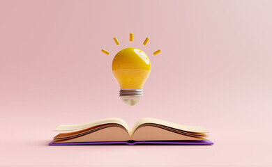 yellow light bulb with open book isolated on pink background.idea tip education,knowledge creates ideas concept,minimal abstract,3d illustration or 3d render