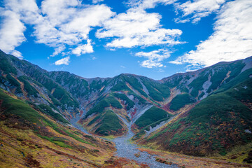 富山県立山町の立山の秋の紅葉の季節に登山している風景 Scenery of climbing Tateyama Mountain in Tateyama Town, Toyama Prefecture, Japan during the season of autumn leaves. 
