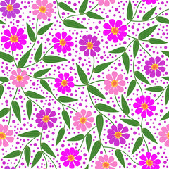 pink floral seamless pattern. lilac violet purple flowers and green leaves with dots background in summer spring autumn season for fabric, textile, stationary, home decor, etc.