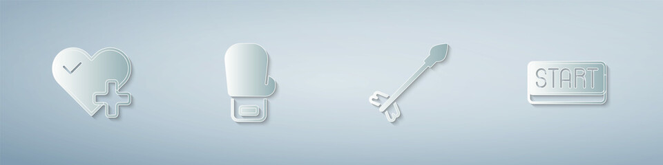 Set Heart rate, Boxing glove, Medieval arrows and Ribbon finishing line. Paper art style. Vector