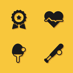 Set Medal with star, Baseball bat ball, Racket and Heart rate icon with long shadow. Vector