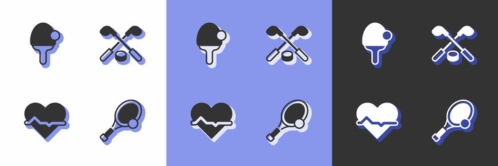 Set Tennis racket with ball, Racket, Heart rate and Ice hockey sticks and puck icon. Vector