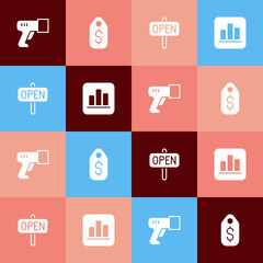 Set pop art Scanner scanning bar code, Price tag with dollar, Hanging sign text Open and Pie chart infographic icon. Vector