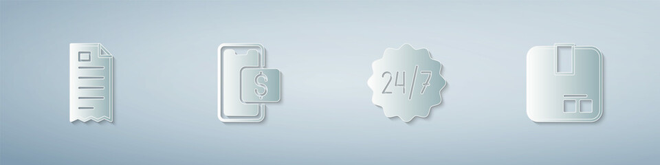 Set Financial check, Mobile shopping, Clock 24 hours and Carton cardboard box. Paper art style. Vector